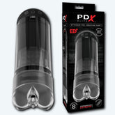 An image showcasing the PDX Elite Extender Pro Vibrating Penis Pump by Pipedream, a transparent adult product for men, next to its sleek black and red packaging. Featuring IST technology and a rechargeable motor, the clear cylindrical design with an attached sleeve is highlighted against a white background.